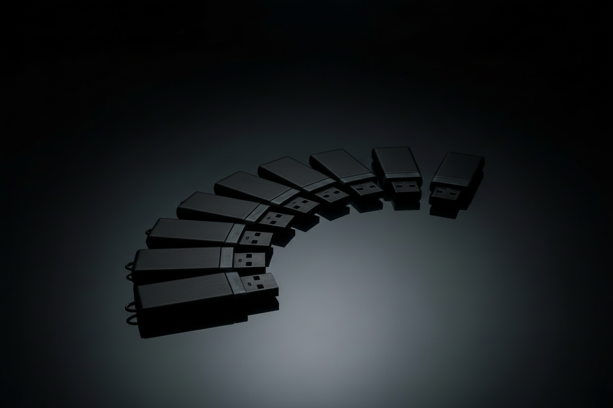 Multiple USB drives arranged in a curved pattern on a dark background
